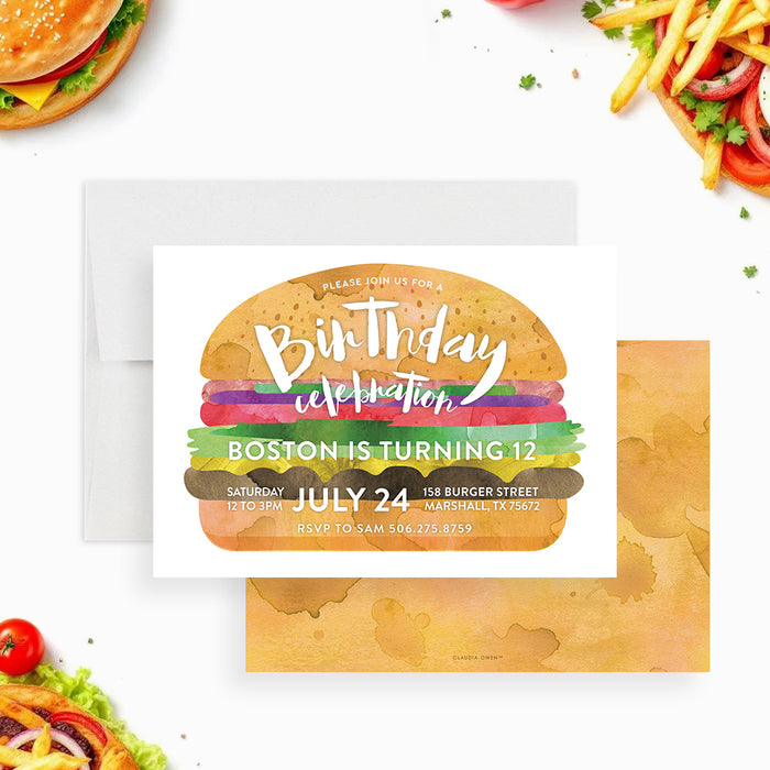 burger birthday invitation with watercolor hamburger design for a summer BBQ party-front-back