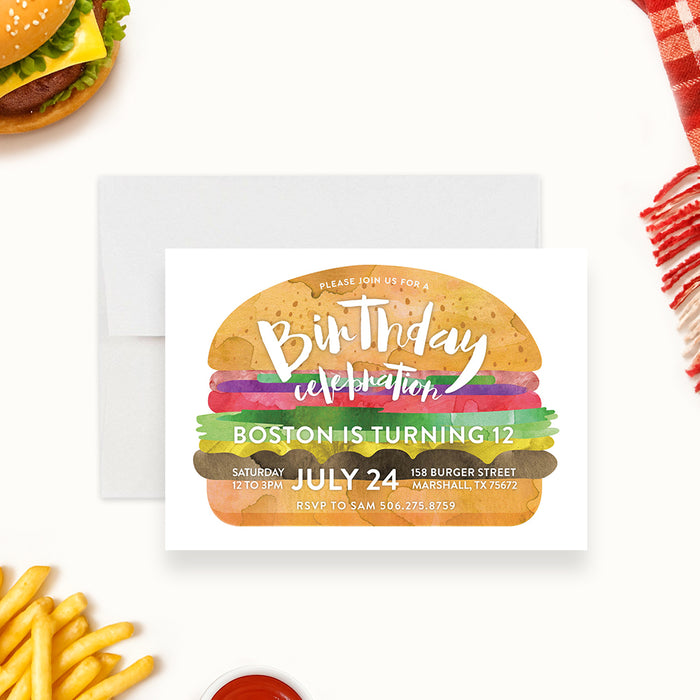 burger birthday invitation with watercolor hamburger design for a summer BBQ party-front