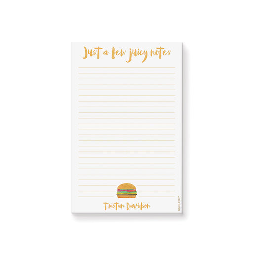 personalized notepad with watercolor hamburger, custom name, and playful typography fun food-themed stationery design 