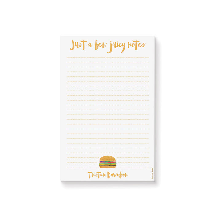 personalized notepad with watercolor hamburger, custom name, and playful typography fun food-themed stationery design 