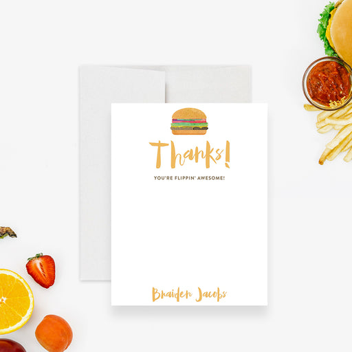 burger-themed thank you card with colorful hamburger illustration, custom name, and playful lettering-front