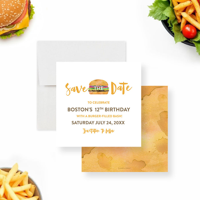 burger birthday save the date card with colorful hamburger illustration and playful typography for kids birthday parties-front-back