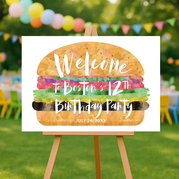 burger birthday welcome sign with watercolor hamburger artwork and fun BBQ party décor