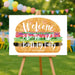 burger birthday welcome sign with watercolor hamburger artwork and fun BBQ party décor
