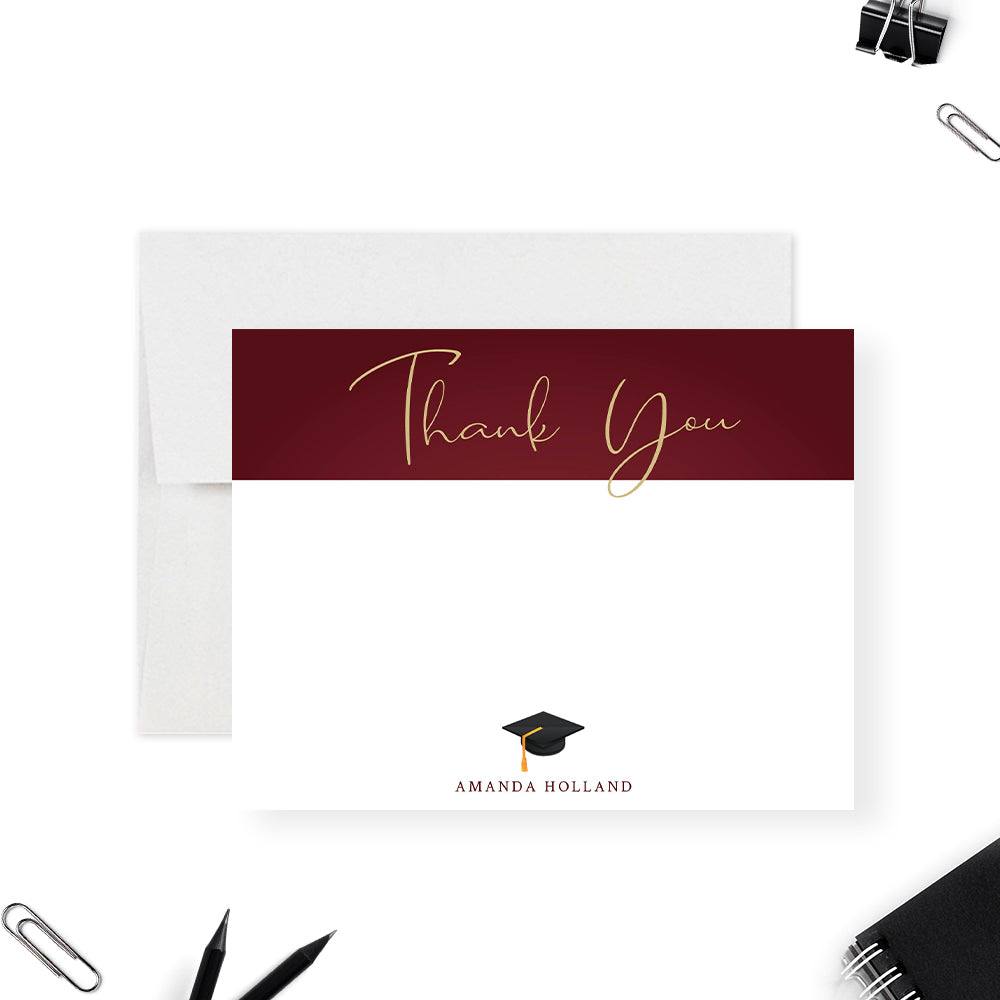Burgundy University Graduation Thank You Card, High School Graduation Note Card, College Grad Thank You Card with Graduate Hat, Custom Gift for