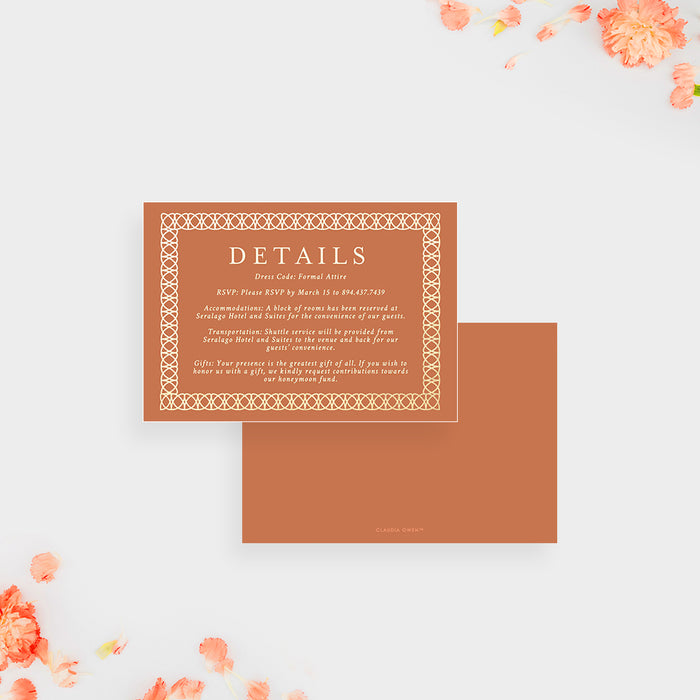 Burnt Orange Wedding Invitation Card with Intricate Border, Classic Laced Border Wedding Invitation