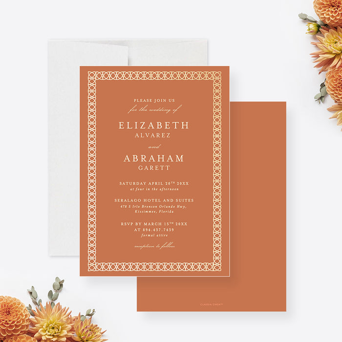 Burnt Orange Wedding Invitation Card with Intricate Border, Classic Laced Border Wedding Invitation