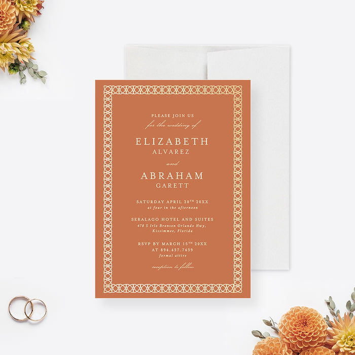 Burnt Orange Wedding Invitation Card with Intricate Border, Classic Laced Border Wedding Invitation