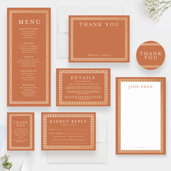 Burnt Orange Wedding Invitation Card with Intricate Border, Classic Laced Border Wedding Invitation