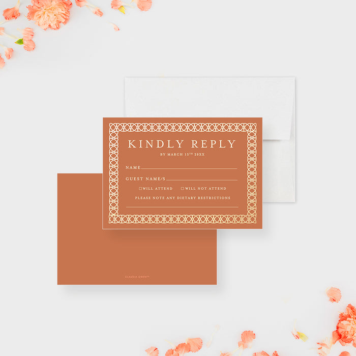 Burnt Orange Wedding Invitation Card with Intricate Border, Classic Laced Border Wedding Invitation