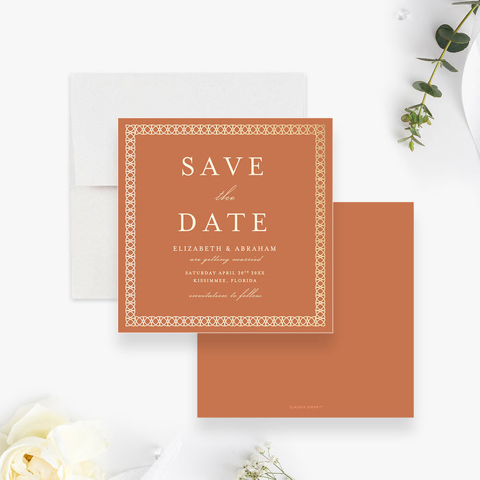 Burnt Orange Wedding Invitation Card with Intricate Border, Classic Laced Border Wedding Invitation