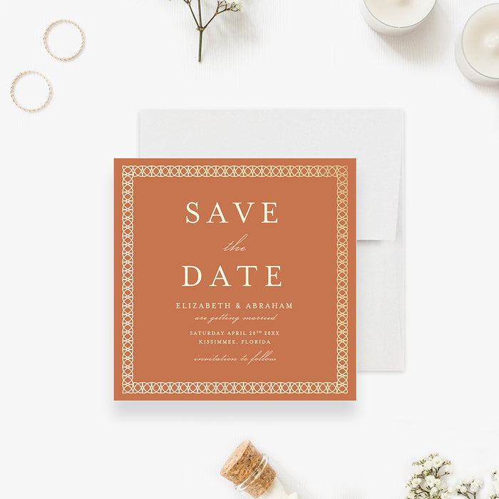 Burnt Orange Wedding Save the Date Card with Intricate Border, Classic Laced Border Save the Dates for Wedding Celebration