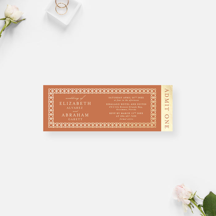 Burnt Orange Wedding Ticket Invitation with Intricate Border, Modern Wedding Ticket Invites with Classic Laced Border