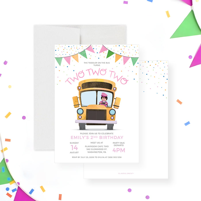 Editable bus birthday invitation with custom photo of child as bus driver digital template for toddler 2nd birthday party