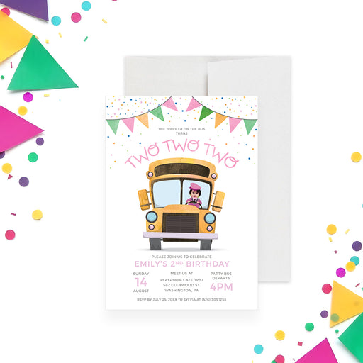 Editable bus birthday invitation with custom photo of child as bus driver digital template for toddler 2nd birthday party
