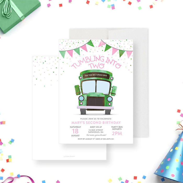 Bus-themed kids' birthday invitation featuring a green bus, pink and green bunting, and a playful confetti design.-front-back