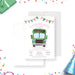 Bus-themed kids' birthday invitation featuring a green bus, pink and green bunting, and a playful confetti design.-front-back