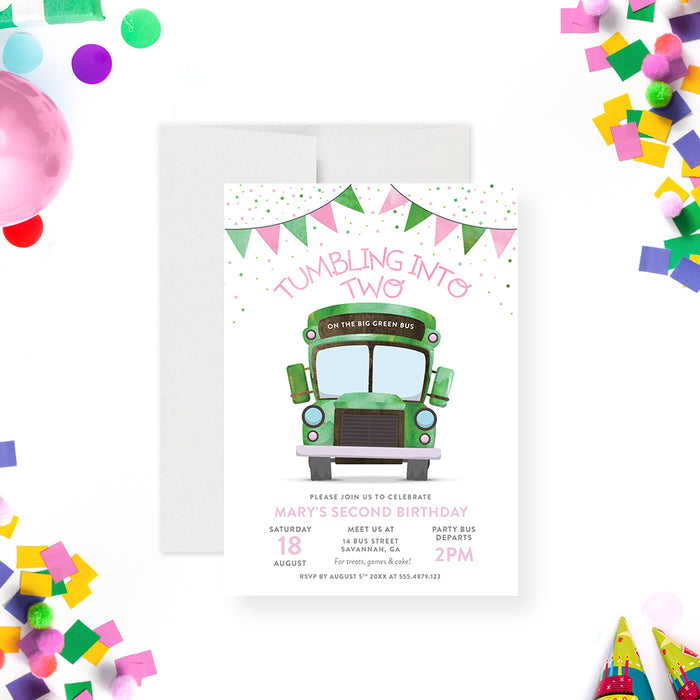 Bus-themed kids' birthday invitation featuring a green bus, pink and green bunting, and a playful confetti design.-front
