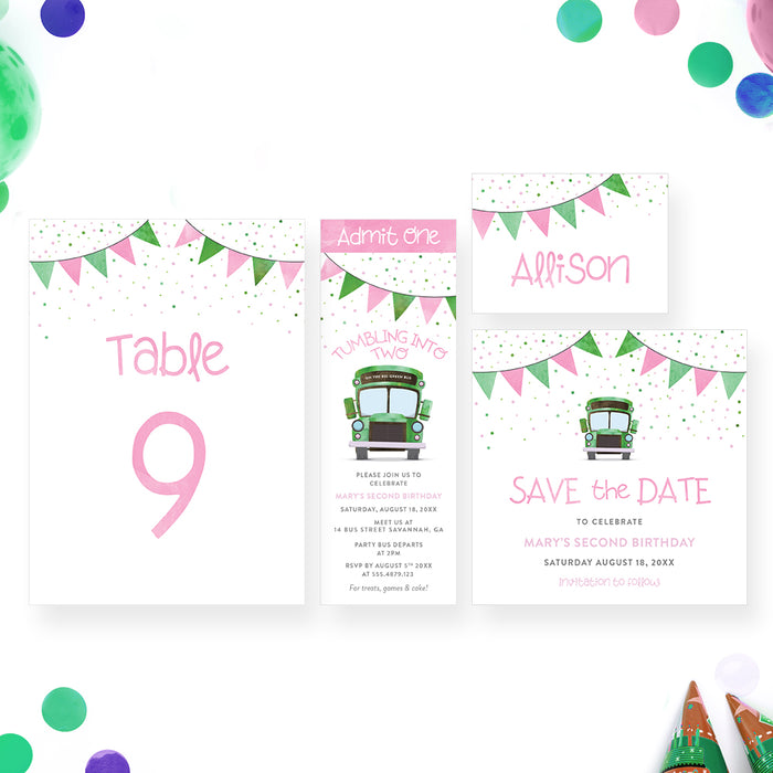 Bus Birthday Invitation Tumbling Party Theme Custom Age