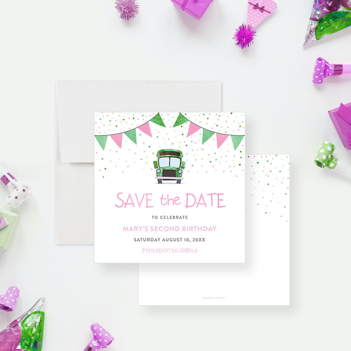 Bus-themed birthday save the date card featuring a green bus, bunting, and confetti for kids' transportation-themed parties.-front-back