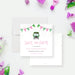Bus-themed birthday save the date card featuring a green bus, bunting, and confetti for kids' transportation-themed parties.-front-back
