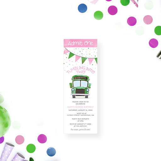 Bus-themed ticket invitation featuring a green school bus, pink and green bunting, and confetti for kids’ birthday celebrations.