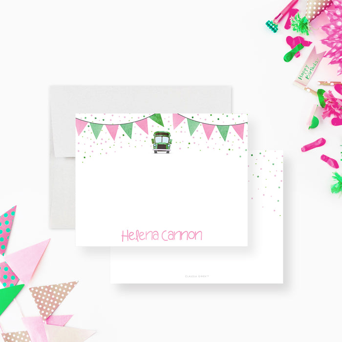 Colorful kids' note card with a school bus illustration, pink and green bunting, and confetti. It’s the perfect kids' stationery set.-front-back