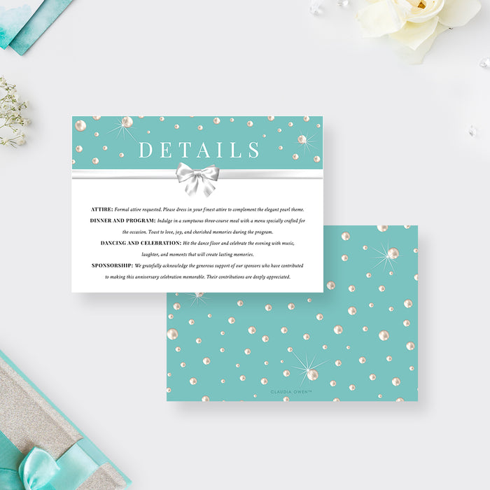 Business Anniversary Dinner Invitation Card in Teal with Ribbon Bow and Pearls, Employee Appreciation Dinner Celebration