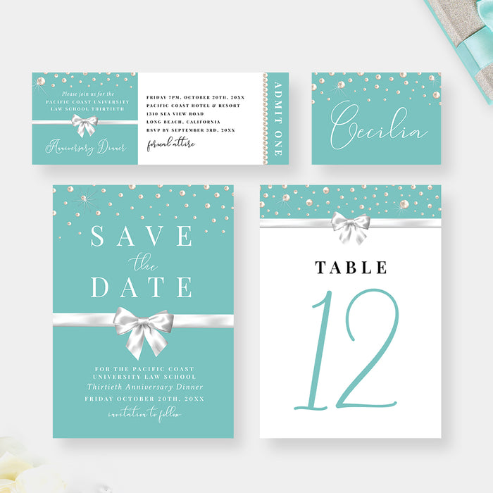 Business Anniversary Dinner Invitation Card in Teal with Ribbon Bow and Pearls, Employee Appreciation Dinner Celebration