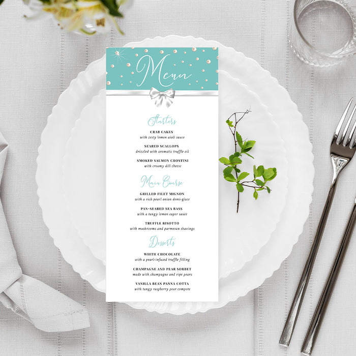 Business Anniversary Dinner Invitation Card in Teal with Ribbon Bow and Pearls, Employee Appreciation Dinner Celebration