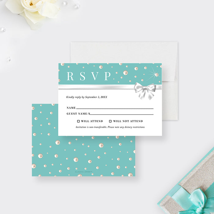 Business Anniversary Dinner Invitation Card in Teal with Ribbon Bow and Pearls, Employee Appreciation Dinner Celebration