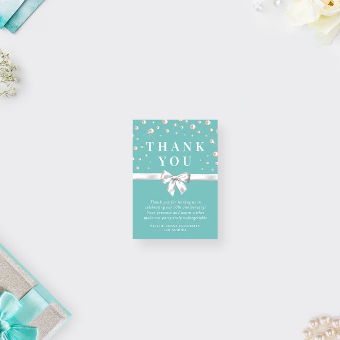 Business Anniversary Dinner Invitation Card in Teal with Ribbon Bow and Pearls, Employee Appreciation Dinner Celebration