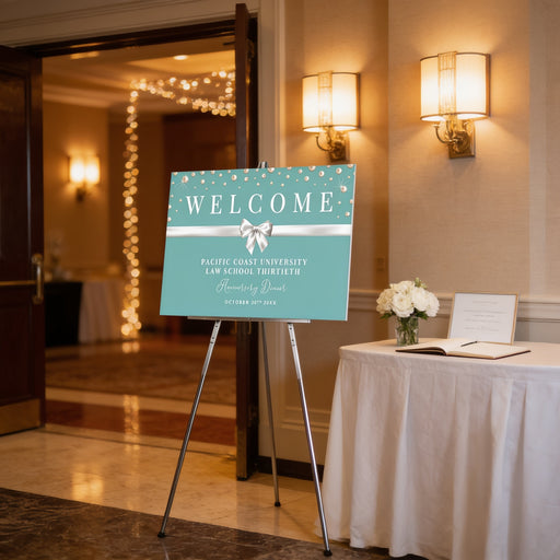 a sign that reads "Welcome Pacific Coast University Law School Third Year" with a vase of white flowers on a table in the background.