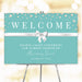 Teal pearl and bow welcome sign with satin ribbon, customizable for anniversaries, birthdays, and milestone events.