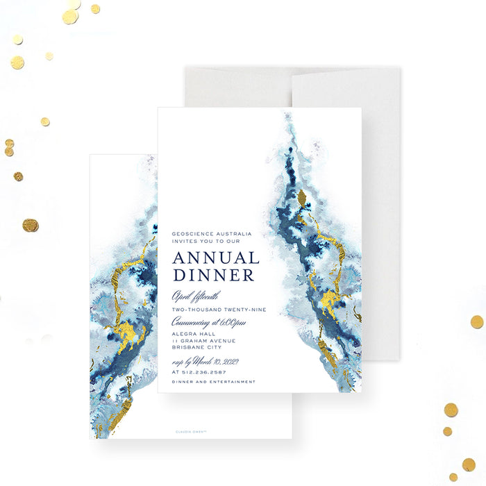 Elegant business annual dinner invitation with blue geode watercolor and gold accents-front-back