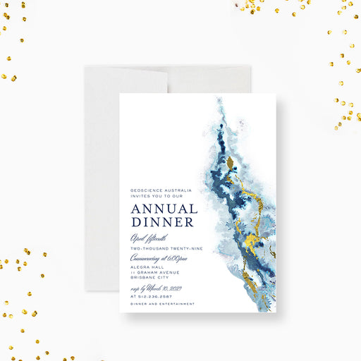 Elegant business annual dinner invitation with blue geode watercolor and gold accents-front