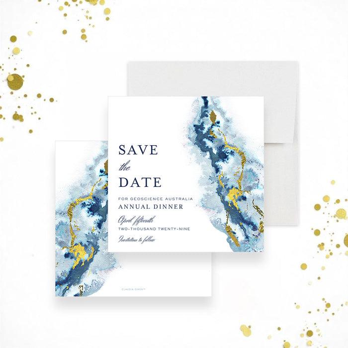 Elegant business annual dinner save the date card with blue geode watercolor and gold accents-front-back