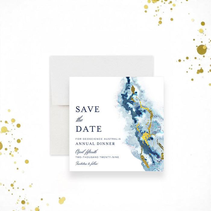 Elegant business annual dinner save the date card with blue geode watercolor and gold accents-front