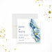 Elegant business annual dinner save the date card with blue geode watercolor and gold accents-front