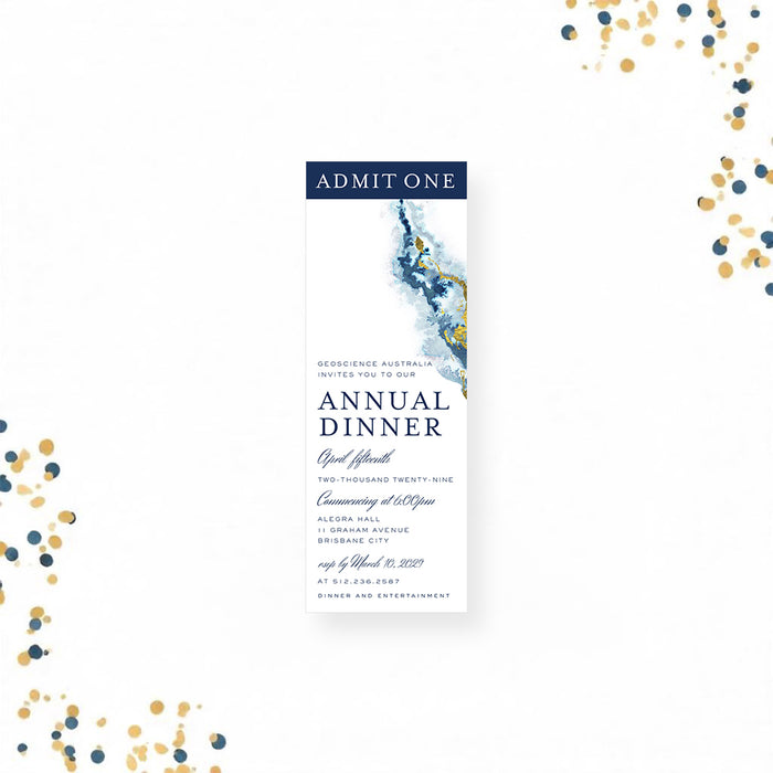 Elegant business annual dinner ticket invitation with blue geode watercolor and gold accents