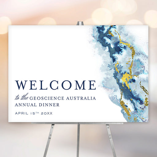 Personalized annual dinner welcome sign with blue geode watercolor design, gold accents, company name, and event date