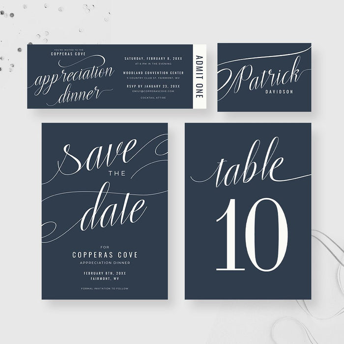 Corporate appreciation dinner card with formal calligraphy design