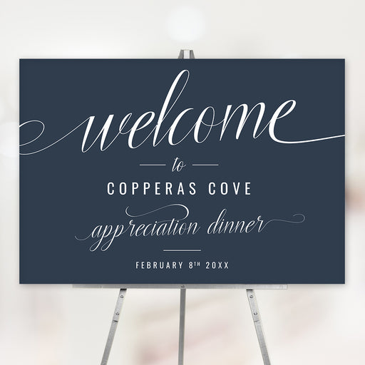 Professional navy appreciation dinner welcome sign, personalized corporate event signage for company parties.