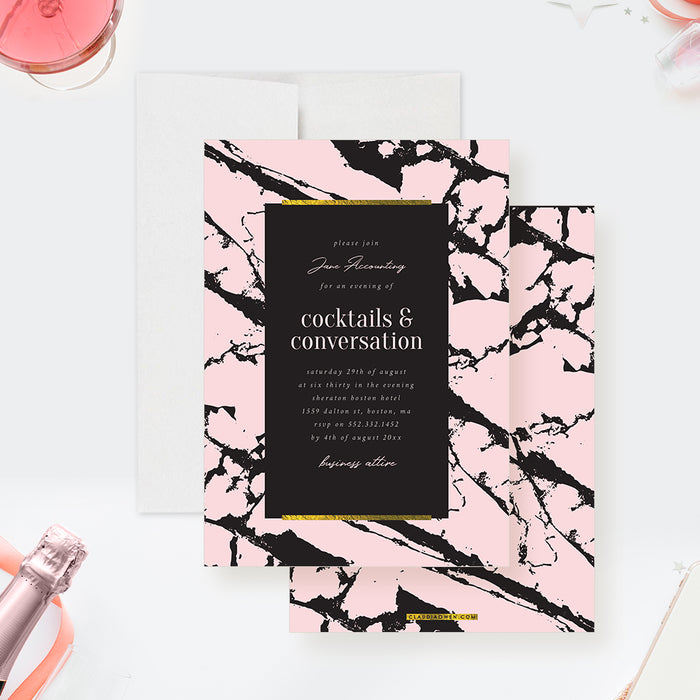 Business event invitation card for cocktails and conversation with marble background