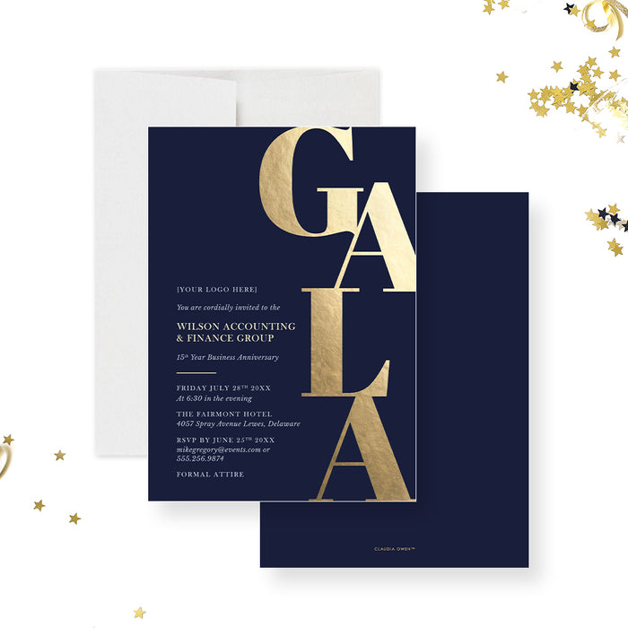 Business Gala Invitation Card in Navy Blue and Bold Gold, Elegant Party Invitations for Corporate Fundraiser, Company Awards Night Invites