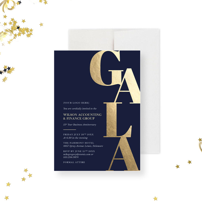 Business Gala Invitation Card in Navy Blue and Bold Gold, Elegant Party Invitations for Corporate Fundraiser, Company Awards Night Invites