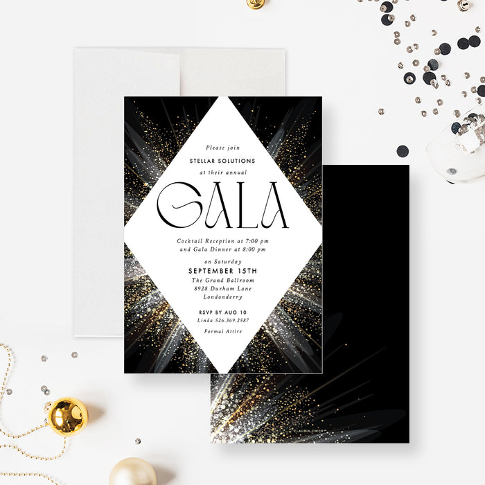 Corporate charity ball invitation with gold glitter and modern design