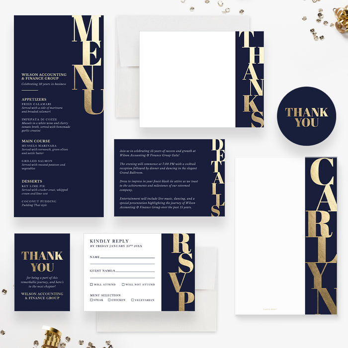 Business Gala Invitation Card in Navy Blue and Bold Gold, Elegant Party Invitations for Corporate Fundraiser, Company Awards Night Invites