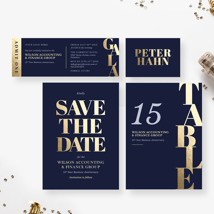 Business Gala Invitation Card in Navy Blue and Bold Gold, Elegant Party Invitations for Corporate Fundraiser, Company Awards Night Invites