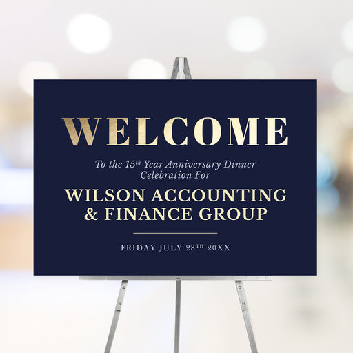 Elegant navy and gold welcome sign for a corporate anniversary dinner, customizable event details.